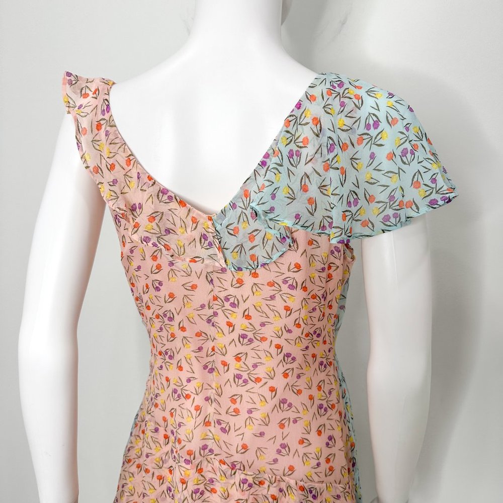 Anthropologie LAIA Mixed Floral Print Ruffle Asymmetrical Midi Dress Pink Blue - Picture 11 of 17